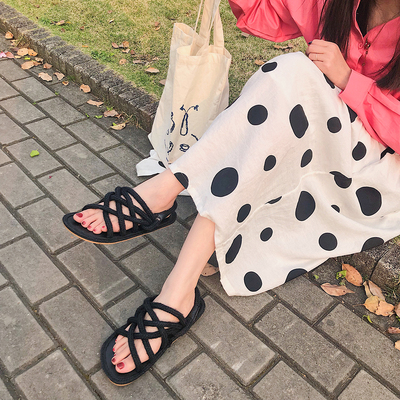 

2020 Korean version of summer new straw women's sandals flat shoes Roman women's shoes, Black