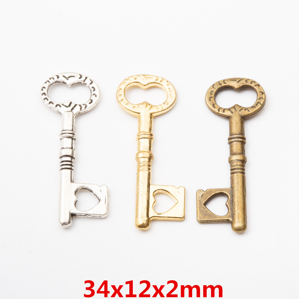 

50pcs 34*12MM Tibetan vintage silver gold heart key charms antique bronze key pendants for bracelet earring diy jewelry making
