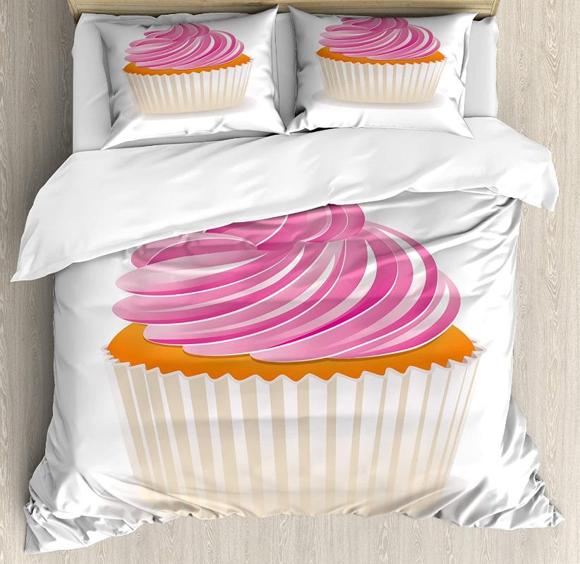 

Orange Pink Duvet Cover Set Illustration of a Pink Cupcake Celebration Delicious Dessert Baking Bedding Set Orange Cream, As pic