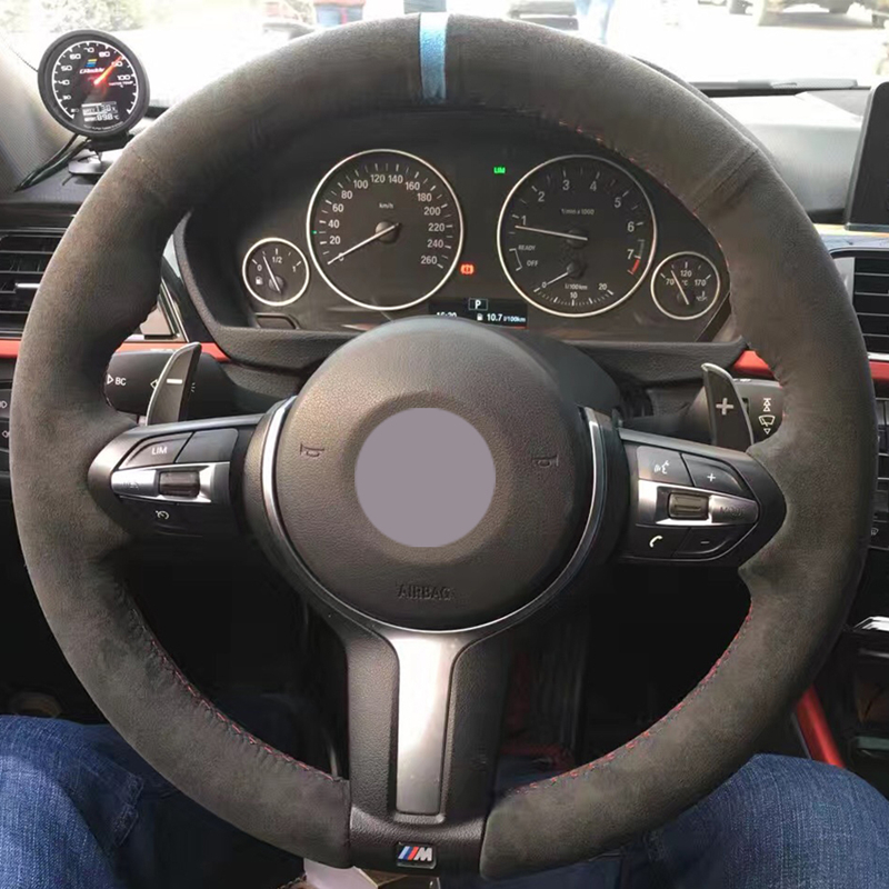 

Black Suede Light Blue Marker Steering Wheel Cover for BMW F87 M2 F80 M3 F82 M4 M5 F12 F13 M6 F85 X5 M F86 X6 M F33 F30 M Sport