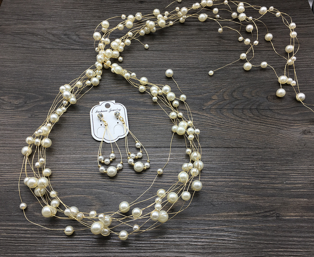

Bride Wedding Headwear Multi-storey Pearl Soft Chain Lengthen Hair Band Pearl Garland Earrings Two Paper Set Group Combine Suit