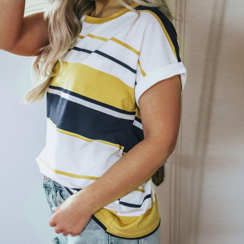 

Summer T-shirt Stripes Printed Women' Running Plus Size Short-sleeved Tshirt Loose Casual Ladies O-neck Tops Fitness T Shirt, Yellow