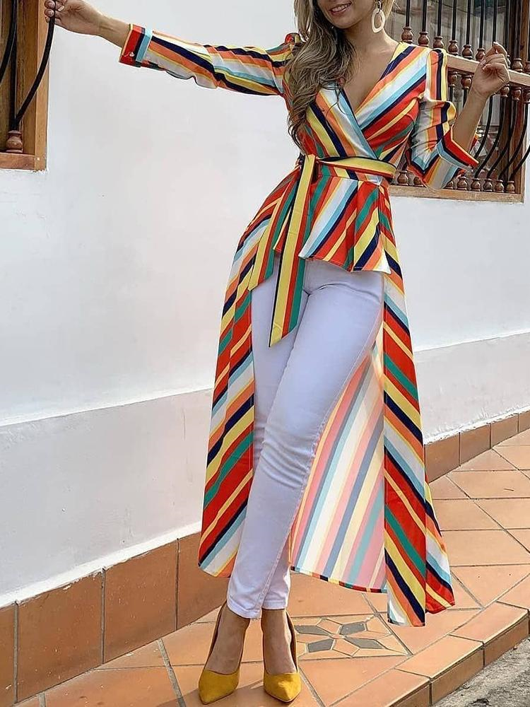 

Women Fashion Elegant Office Workwear Asymmetrical Long Blouse Female Casual Top Striped Tied Front Dip Hem Shirt, Multi
