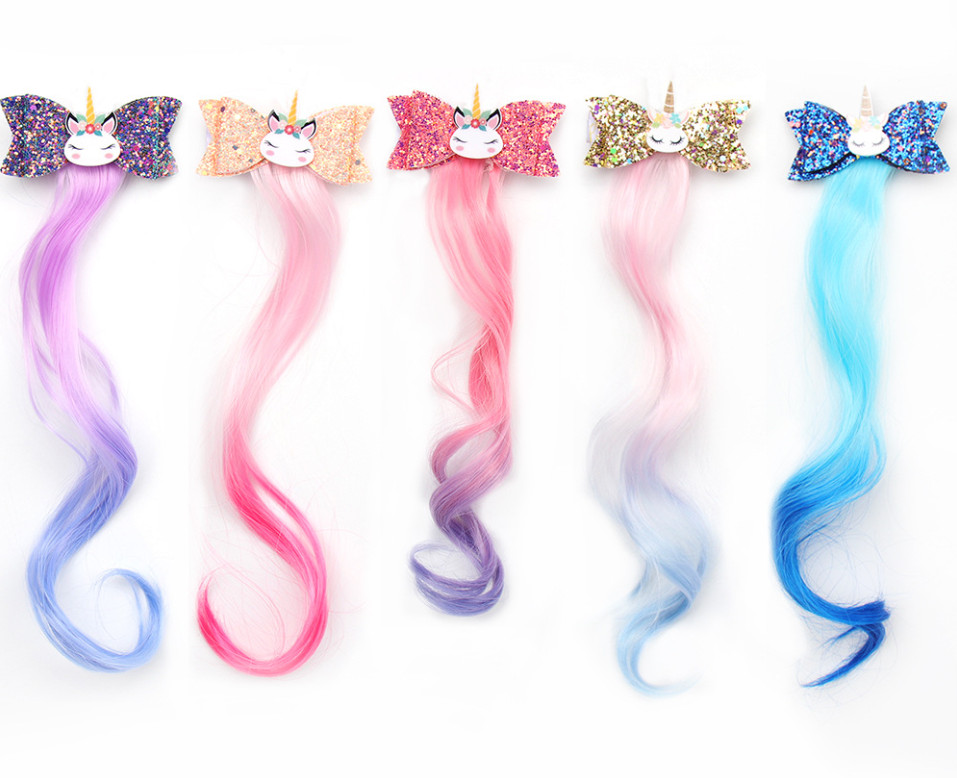 

3" Sequin Hair Accessories Unicorn Hair Clips for Girls Rainbow Glitter Wings Hair Bows Princess Kids Long Wig Hairpins, Multi-color