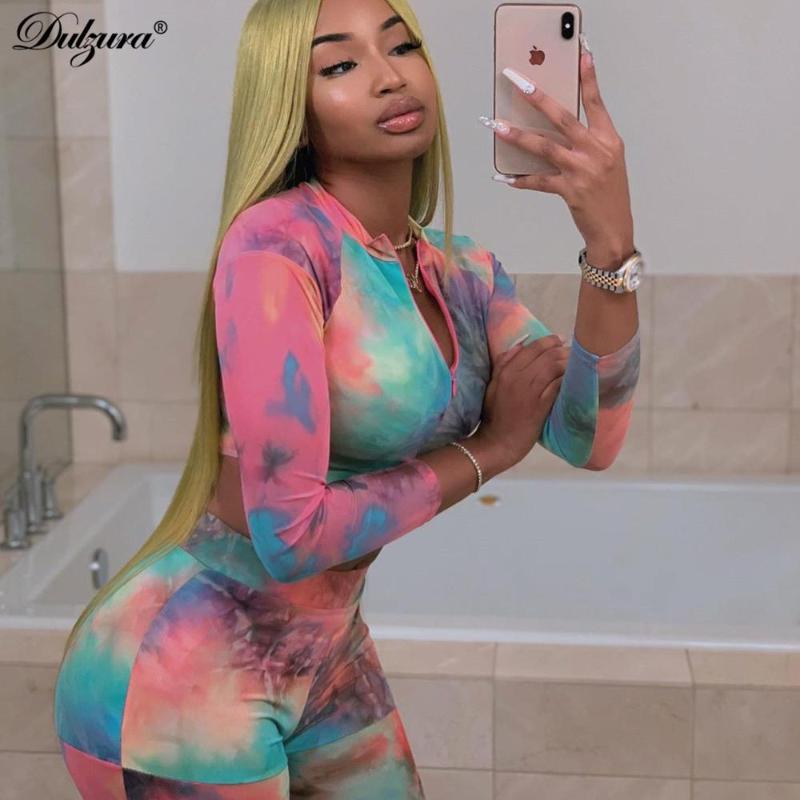 Dulzura 2019 autumn winter women two piece set outfits streetwear tie dye tracksuit matching set long sleeve crop top clothes