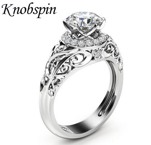 

2019 New Hollow Pattern Geometric Zircon Ring for Women European Creative Wedding Engagement Ring Plated Silver Color Jewelry