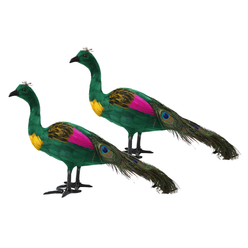 

2x artificial feather peacock figurine miniatures 42cm lawn ornaments green