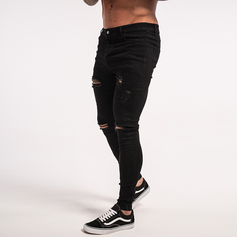 

Super Skinny Jeans For Guys Male Black Skinny Jeans For Big Men Pencil Black Tight Distressed Slim Fit zm04, Knee hole