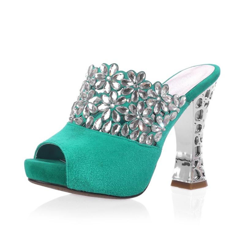 

Quality Kid Suede Leather Crystal Party Women Shoes High Heels Summer Sexy Platform Mules Pumps Sandals Woman, Black