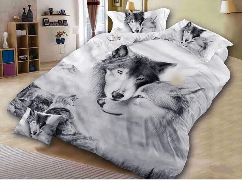 

3 pieces American and European Style Couple Wolf Bedding Set One Duvet Cover and two Pillow Covers Six sizes Bed Covers Home Textiles GC 013, As picture