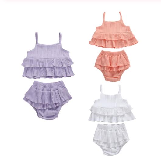 

Summer Infant Baby Girls Clothes Sets Solid Ruffles Sleeveless Vest Tops+Shorts Cute Baby Clothing, Pink