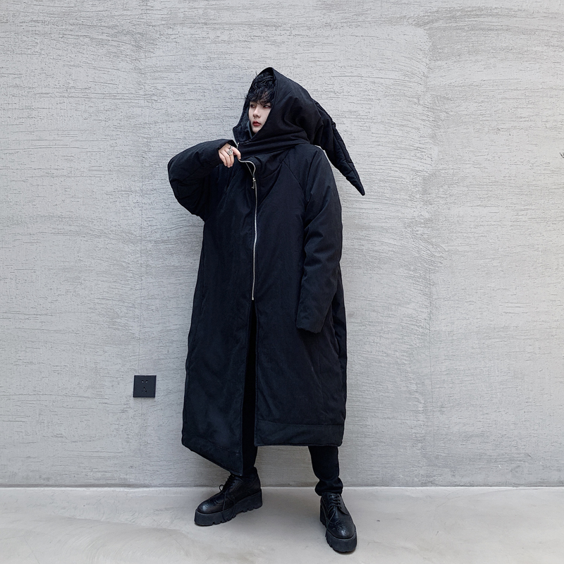 

Male Japan Cotton Padded Hooded Coat Outerwear Men Asymmetry Hem Dark Black Halloween Wizard Thick Long Parka Jacket, W1753