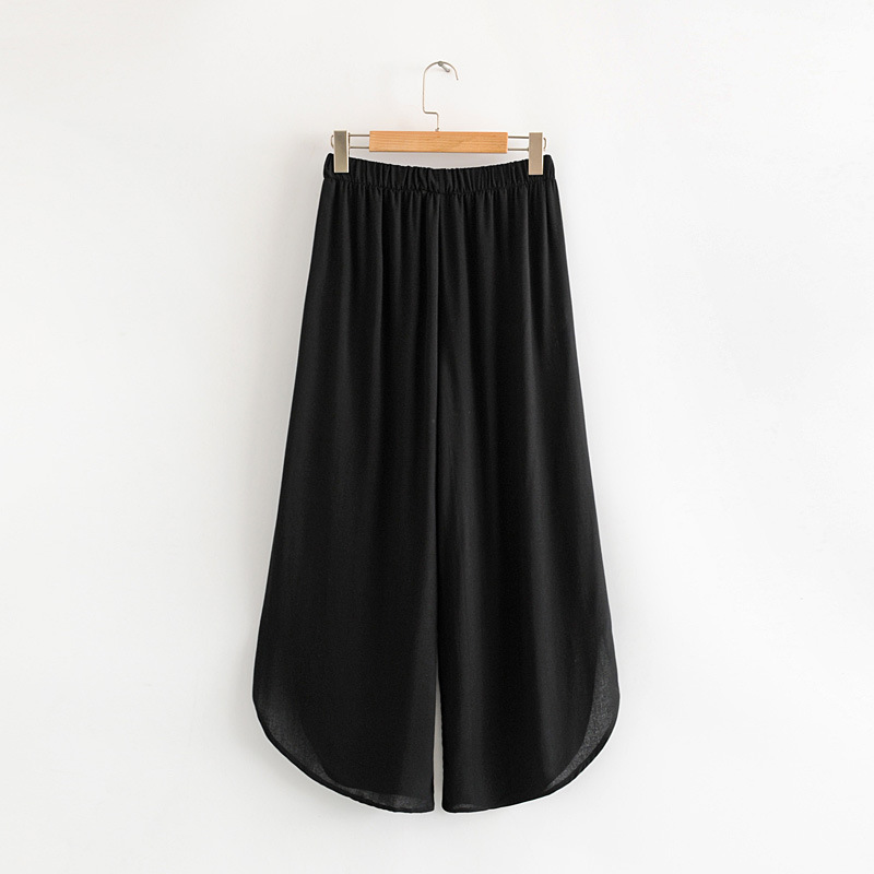 

Women Elegant Black Wide Leg Pants Elastic Waist Side Split Female Casual Vintage Ankle Length Trousers Mujer, As picture