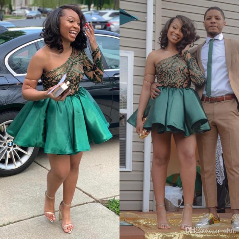 

Black Girls A Line One Shoulder Sequined Homecoming Dresses Long Sleeve Ruched Satin Short Mini Prom Cocktail Party Dress, Champagne