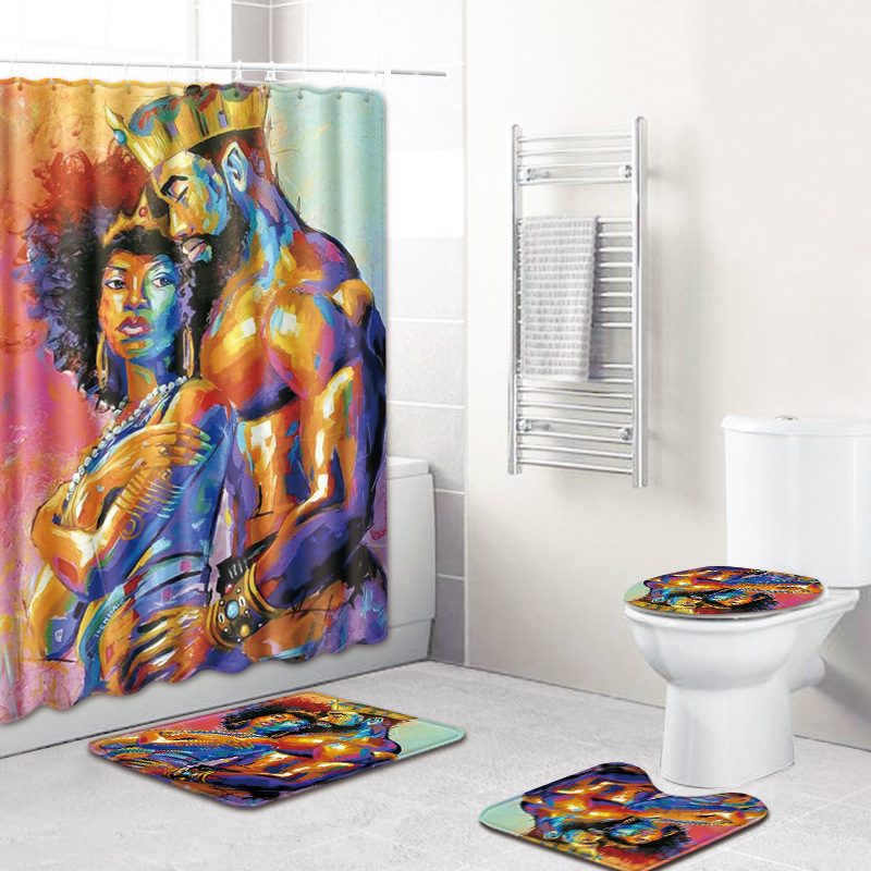 Europe Portrait Bath Mat Set Shower Curtain for Bathroom Cover Toilet Seat Anti Slip Soft Carpet for Bathroom 4pcs Bath Mat Set-image-538730104