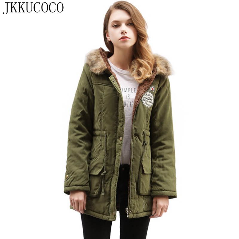 

JKKUCOCO Women Cotton Jacket Embroidery Letters Casual Coats Hair Hooded jackets Women Parkas Cashmere warm winter Jacket, Royal blue