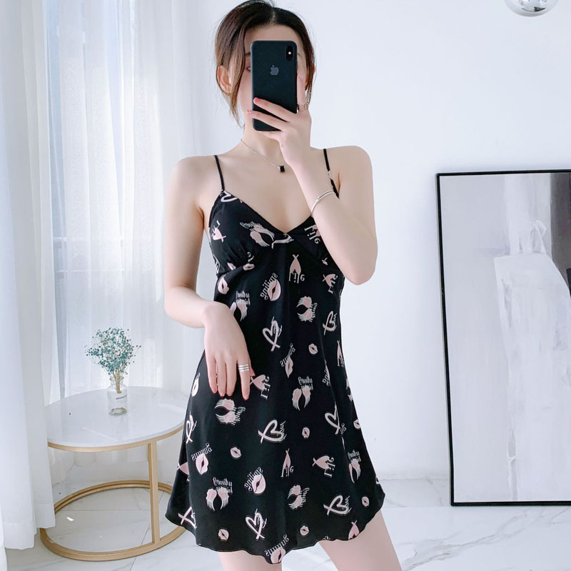 

Summer Ice Silk Sexy Suspender Nightdress Female Fun Gather with Chest Pad Short Sleepshirts Korean Thin Section Home Service, Black