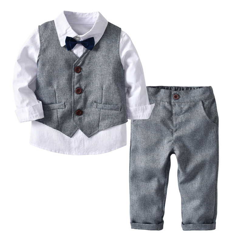 

Formal Blazers Kids Baby Boys Suit 4PCS Set Clothes Solid Vest + White Shirt With Tie + Grey Pants ensemble blazer fille, Gray