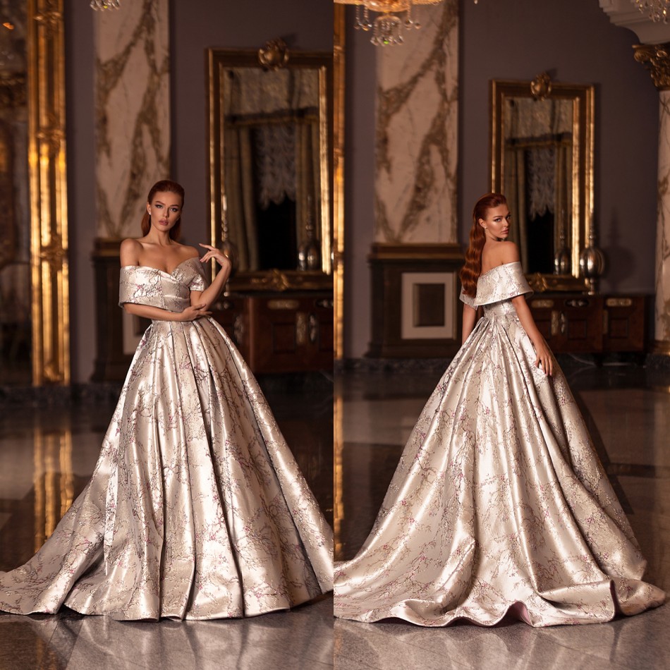 

Gorgeous Ball Gown Prom Dresses Off Shoulder Sleeveless Appliques Beads Satin Party Gowns Sweep Train Prom Gowns, Customize