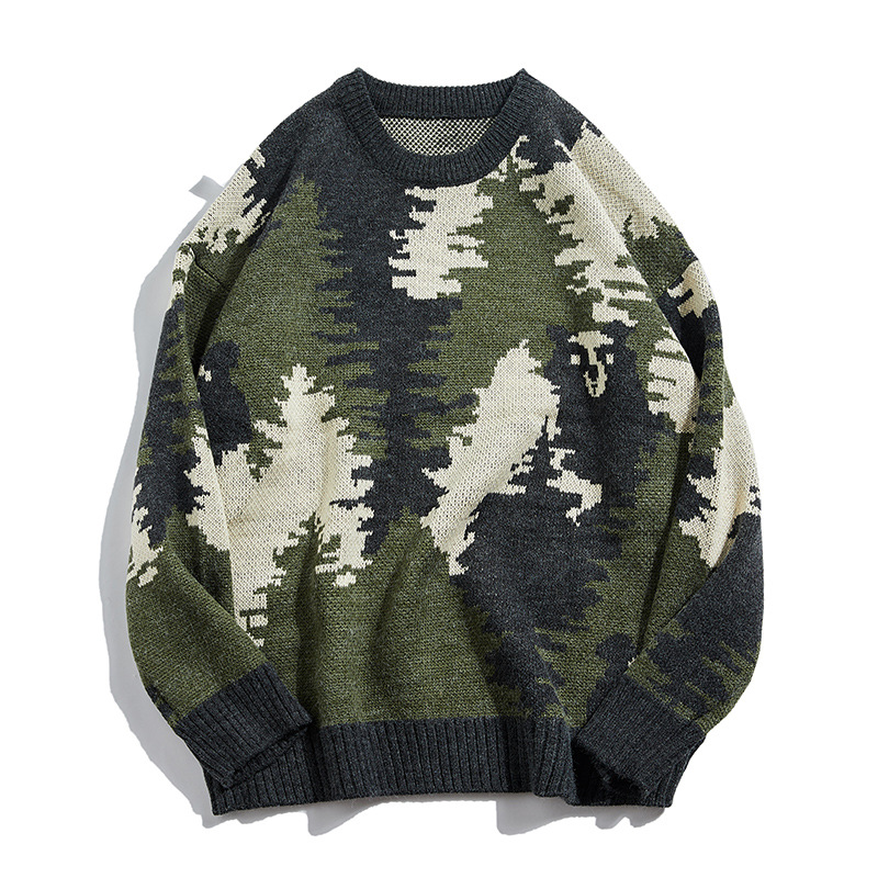 

Autumn And Winter Sweater Male Jacquard Hedging Thick Sweater Army Green Japanese Retro Camouflage, Blue