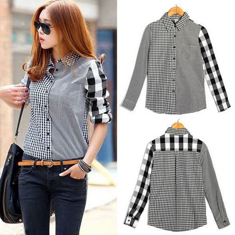 Fashion Casual Formal New Brand Women Spring Fall Long Sleeve Turn-down Single Breasted Plaid Patchwork Shirt Tops