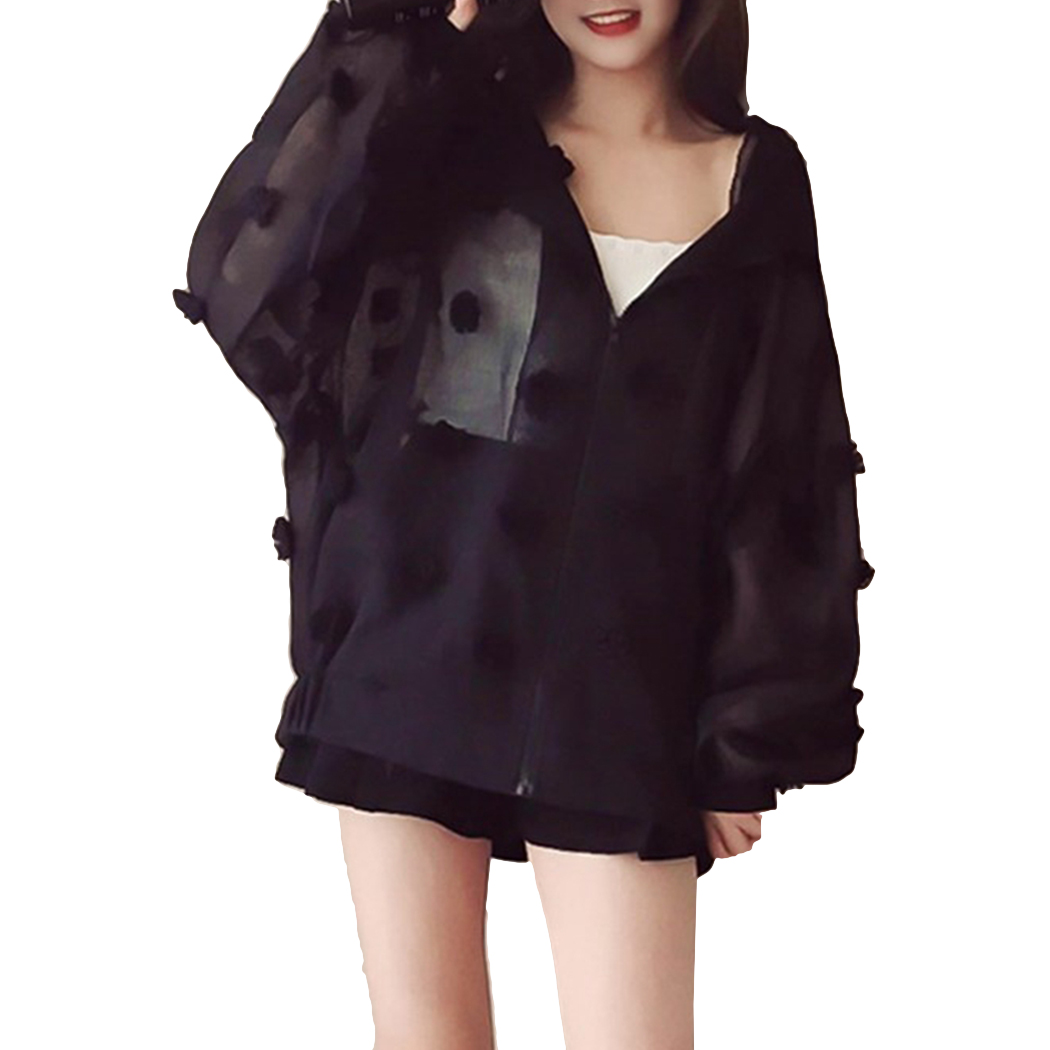 

Women Summer Mesh Sunscreen Jacket Hoodies Flower Yarn Thin Jackets Beach Cardigan Zipper Loose Hooded Coats Harajuku Outwear, Black