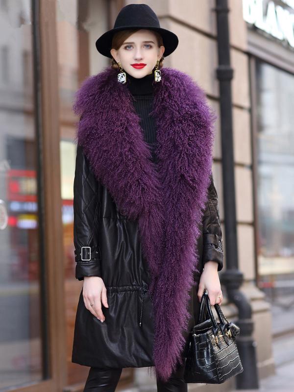 

Jacket Leather Real Wool Fur Collar Down Jacket 2020 Winter Women Genuine Sheepskin Coat Female Long Jackets MY, Black