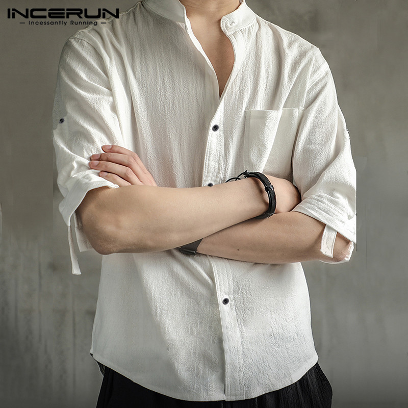 

INCERUN Vintage Men Shirt Stand Collar 3/4 Sleeve Cotton Solid Color Chic Camisa Pockets Harajuku Mens Brand Casual Shirts 2019, Black shirt