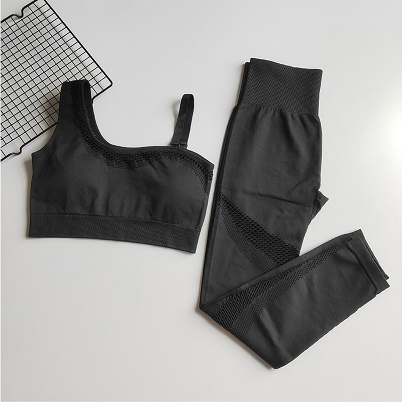 

Seamless Yoga Set Women Gym Clothing Sportswear Hollow Out Yoga Leggings Padded One Shoulder Sport Bra Workout Clothes Sport Set, Black