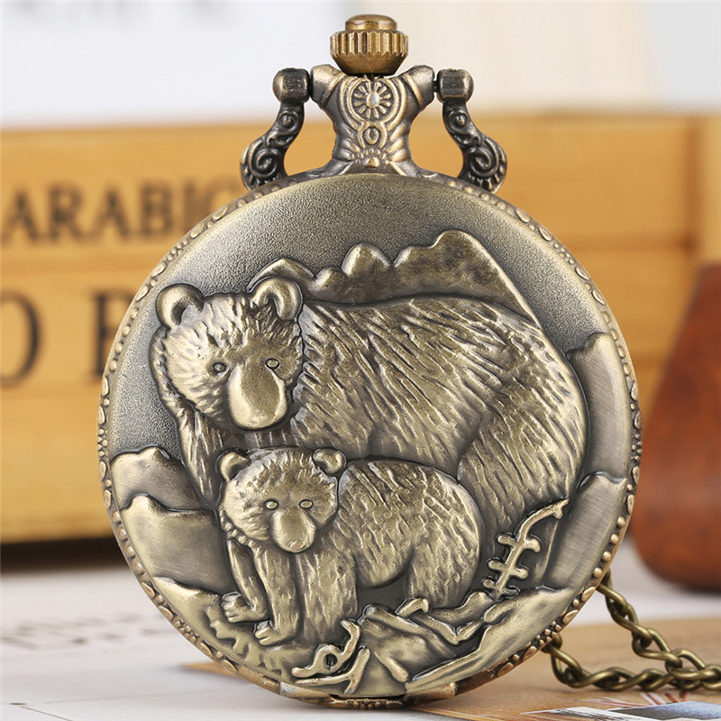 

Bronze Polar Bears Display Quartz Fob Pocket Watch Vintage Pendant Necklace Chain Retro Clock Gifts Kids Men Women, Slivery;golden