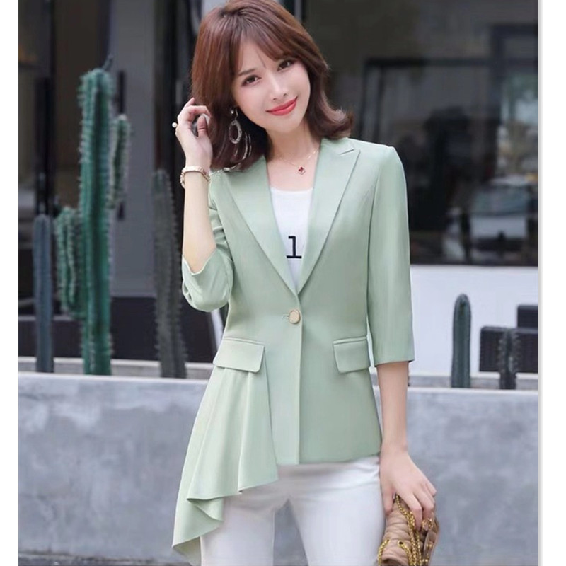 

Blazer Women Asymmetical Three Quarter Sleeve Runched Slim Waist Single Button Jacket Summer Elegant Office Ropa de Mujer, Black