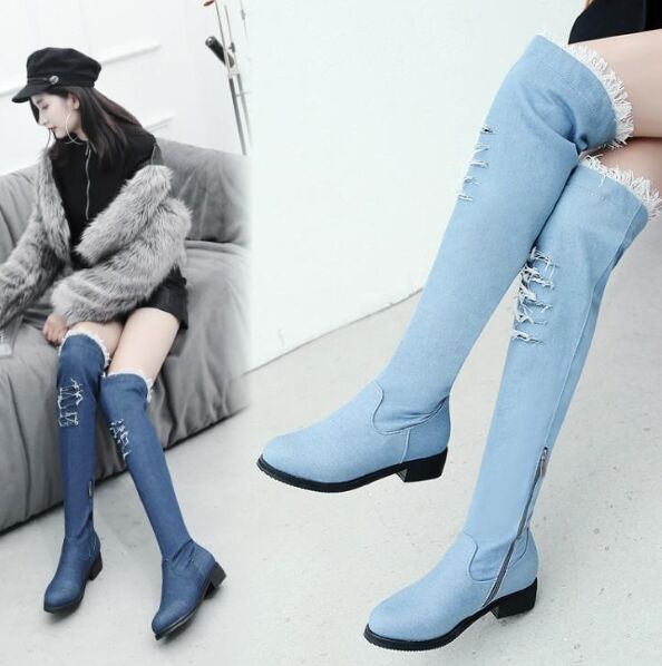 Nouvelle arrivée Vente chaude Promotions Super Fashion Influx Sexy Tube sur mesure Plus Velvet Noble Trou Stretch Hole Denim Denim Overknee Botte