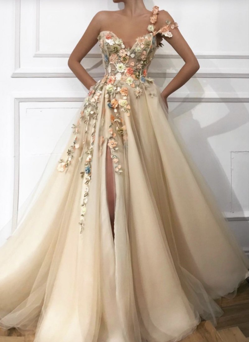 Elegant Prom Dress Long V-Neck Appliques with Flowers Handmade Side Split Tulle Evening Gowns Party Graduation vestido de festa-image-541068539