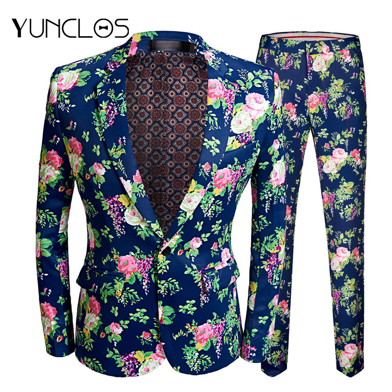 

YUNCLOS 2019 New Men' Floral Printed Suits Slim Fit Party Suits 2 Pieces Jacket & Pant Prom Men Performance, Navy blue