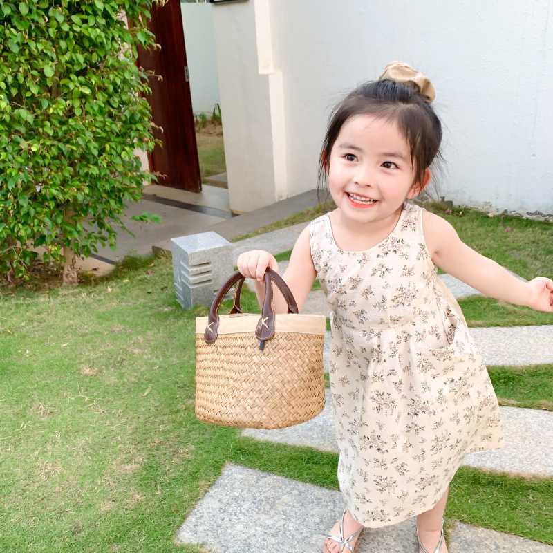 

Summer Crew Neck Sleeveless Flower Printed Back Bow Teen Girls Dress, As pic