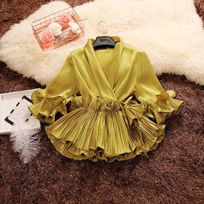 

2019 spring autumn new female Deep V-neck ruffles lace up chiffon shirt women's three Quarter sleeve shirts women blouses tops, Yellow