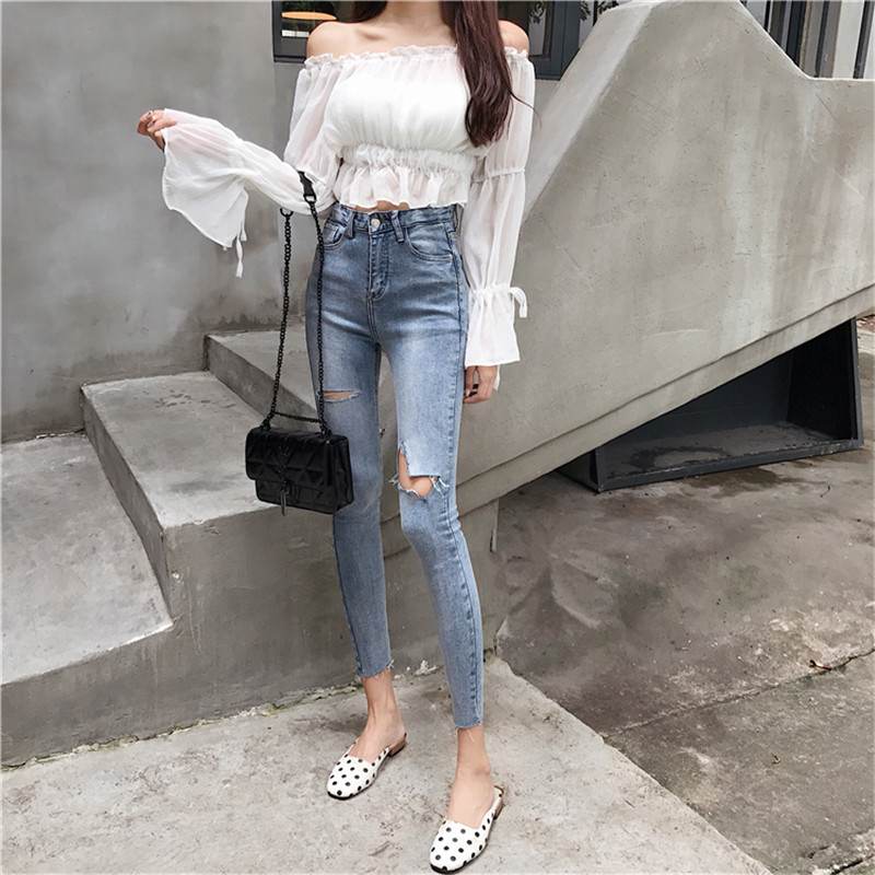 

Real shot 2019 new Korean version of the slim was thin feet stretch pencil pants fashion wild hole jeans women, Blue