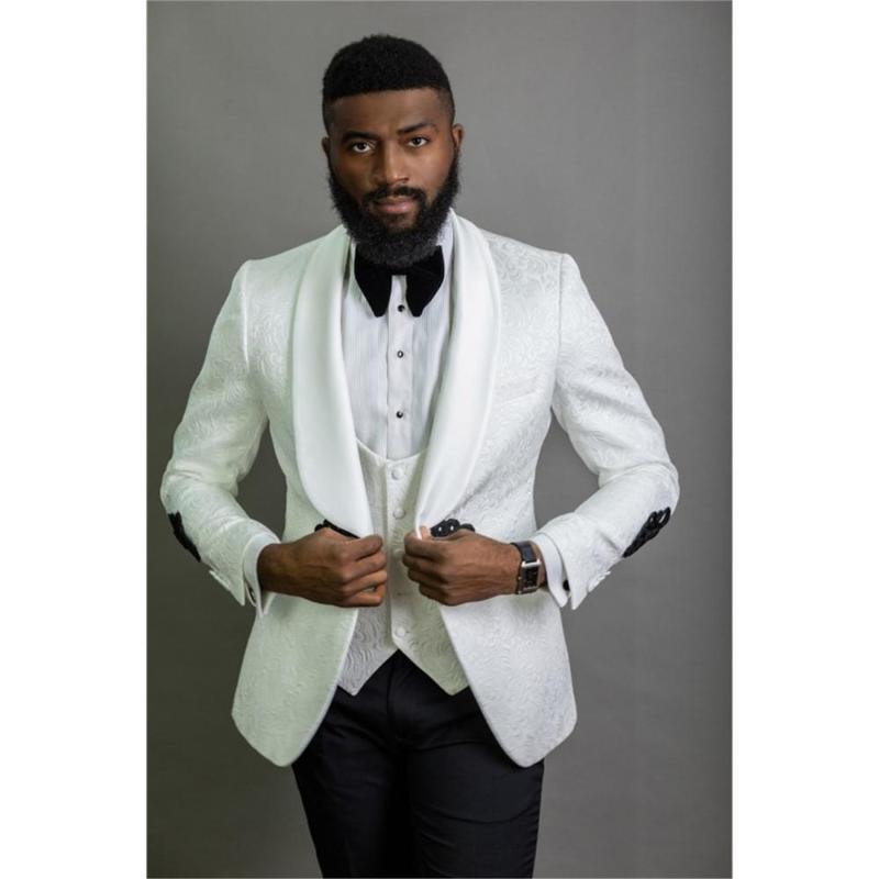 

Groom Tuxedos Suits Best Men Shawl Lapel High Quality Embossing Wedding Men Grooms 3 Pieces ( Jacket+Pants+Vest+Tie ) E49, Same the picture