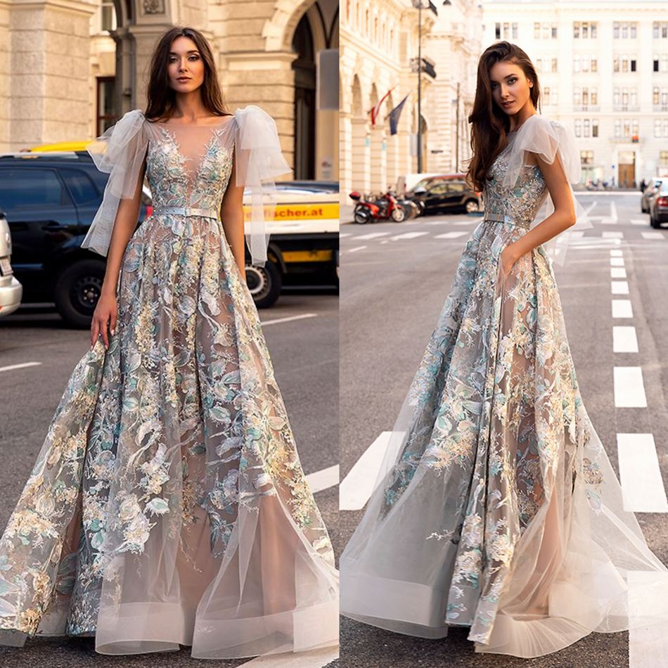 

Modern A Line Mukha Prom Dresse Jewel Neck Sleeveless Beads Tulle Lace Sash Applique Crystal Party Dress Floor Length Robe Gown, Lilac