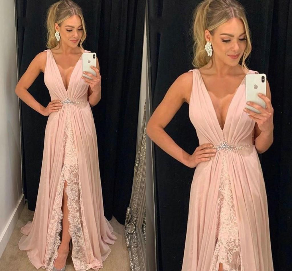 

Lace Chiffon A Line Prom Dresses with Beaded Sash Deep V Neck Long Evening Gowns Party Wear, Gold