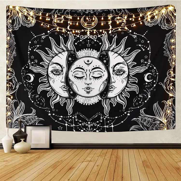 White Black Sun Moon Mandala Tapestry Wall Hanging Celestial
