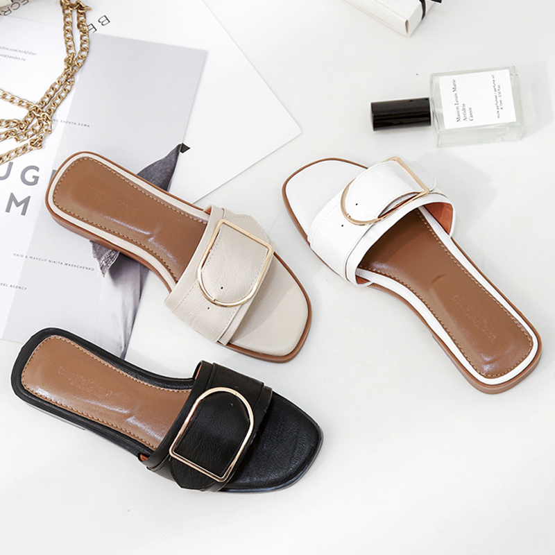 

2020 Open Toe Slippers Ladies Flat Shoes Summer Metal Buckle Sandals Women Comfy Pantfa Slides Large Size Slipper Shoes Woman, Black