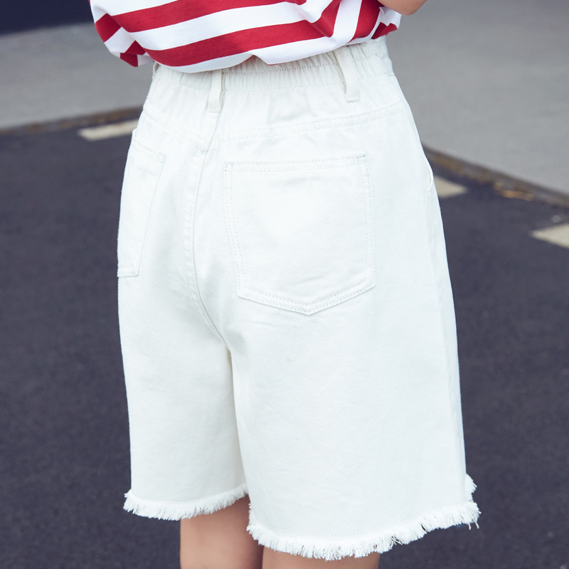 

Tassel Hem Half Long Basic Shorts Plus Size Candy Colors Summer Shorts New Fashion Loose Cotton Denim Elastic Waist, Black