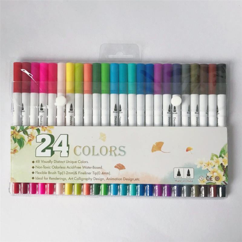 

24 color double head brush fineliner set for professional amateur painter drawing multicolor pen writing tools student pens