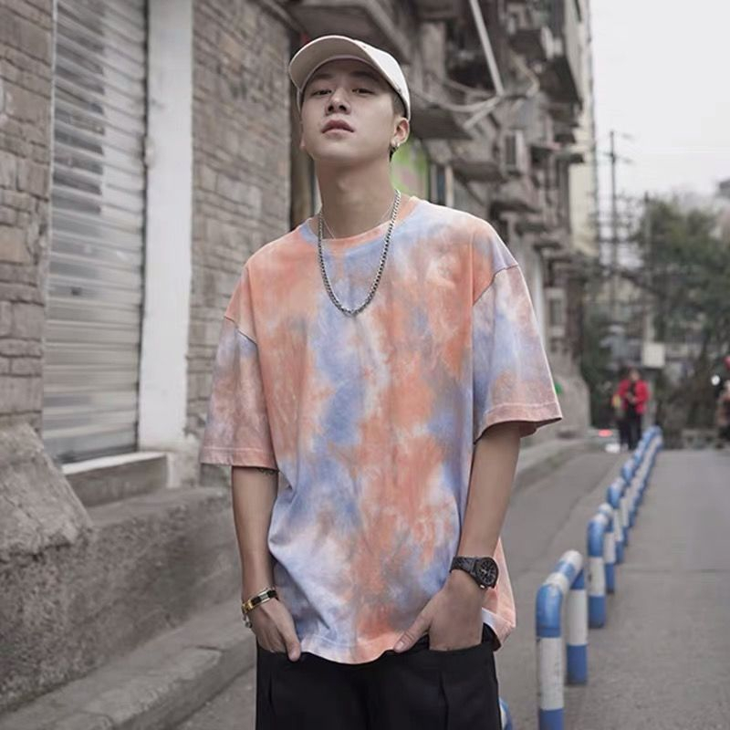 

JanuarysnowMen's Tie Dye Gradient Loose Fashion Harajuku T-Shirts Print Hip Hop Short Sleeve Tops Male Couple Streetwear Casual T Shirt Men, Green