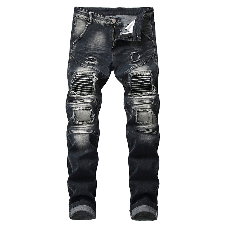 

Men denim jeans ripped classic jeans new fashion retro slim men designer pants clothing plus size trousers, Black