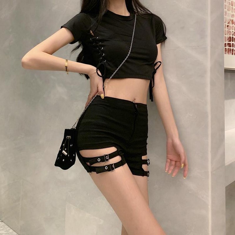

NiceMix Summer Sexy Shorts Women Punk Rivet Decoration Rock Hollowing out Black Fashion Slim High Waist Women Shorts, Black t-shirt