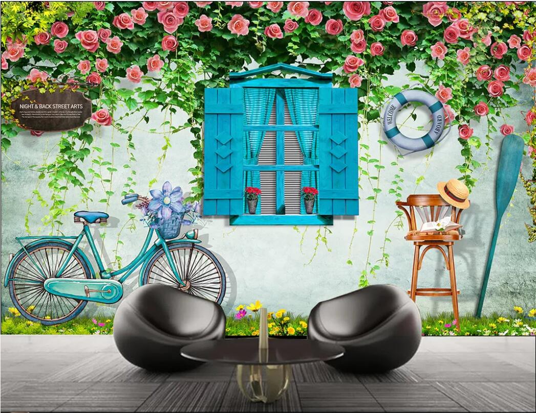 

3d room wallpaper custom photo mural Mediterranean window rose roses large TV background wall decoration painting wallpaper for walls 3 d, Non-woven fabric