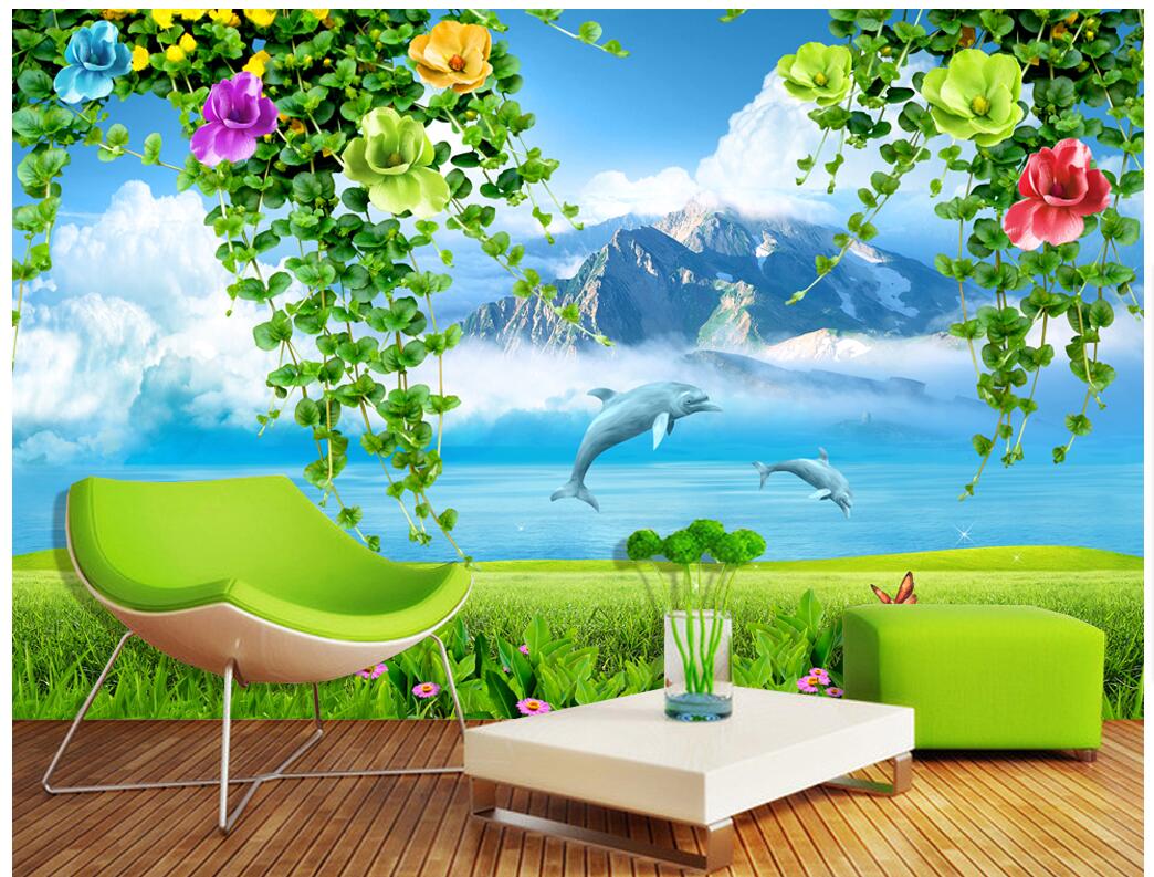 

WDBH custom photo 3d wallpaper Fresh Mediterranean Dolphin Flowers tv background home decor living room wallpaper for walls 3 d, Non-woven