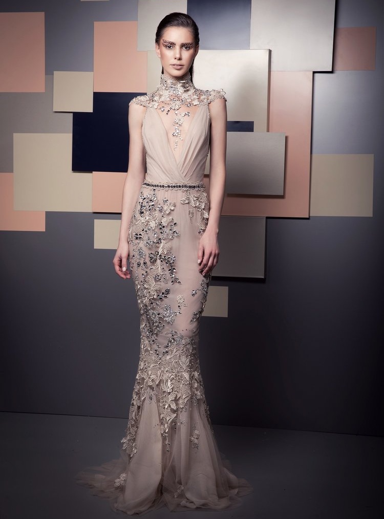 

Champagne Ziad Nakad Mermaid Beaded Evening Dresses High Neck Lace Appliqued Floor Length Prom Gowns Tulle Sequined Formal Dress